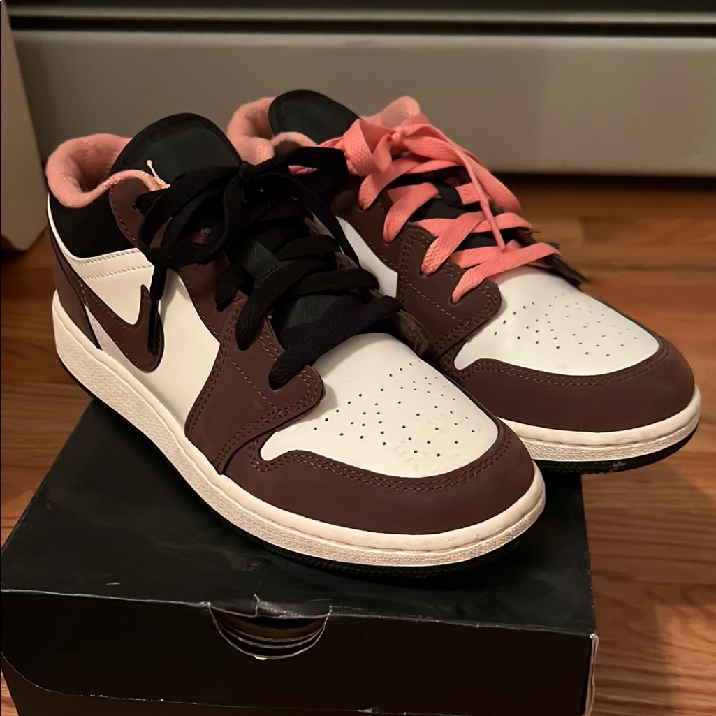Brown And White Sneakers With Pink Laces